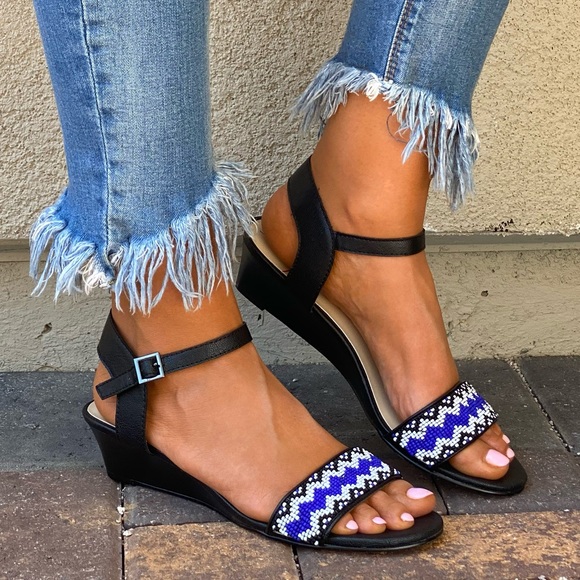 Sole Society Shoes - Beads Embellished Ankle Strap Kitten Wedge Sandals